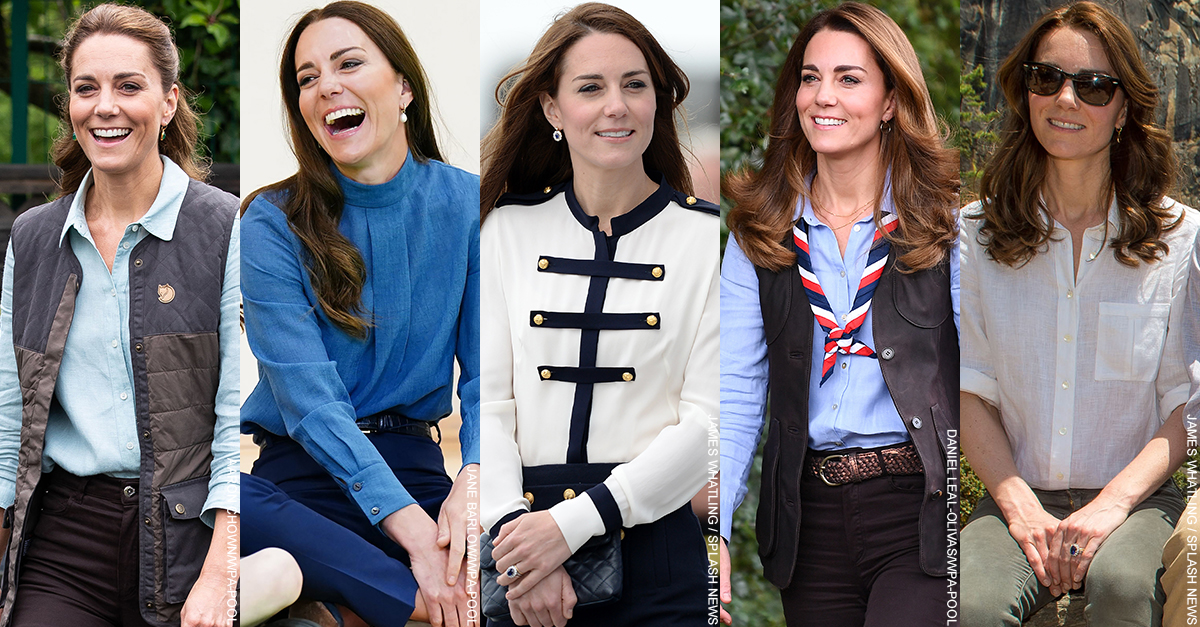 A composite image showing Kate Middleton wearing many different blouses and shirts