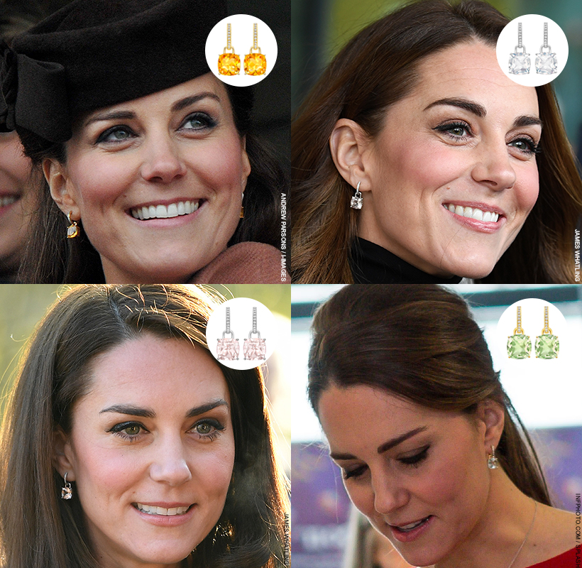 Kate Middleton wearing the Kiki McDonough Cushion Drop Earrings in four different colours:  pink morganite, white topaz, yellow citrine and green amethyst.