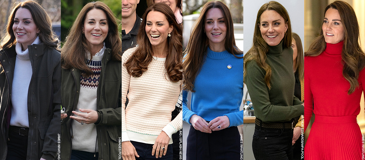 A composite image showing six photos of Kate Middleton wearing sweaters (or jumpers as they're known in some regions!)
