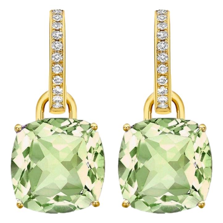 Kiki McDonough Cushion Drop Earrings in Green Amethyst, Yellow Gold & Diamond