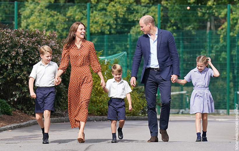 The Duke and Duchess of Cambridge and their children, George, Charlotte and Louis, attend a settling in session at Lambrook School.  Kate Middleton is dressed in a brown polka dot dress by Rixo. 