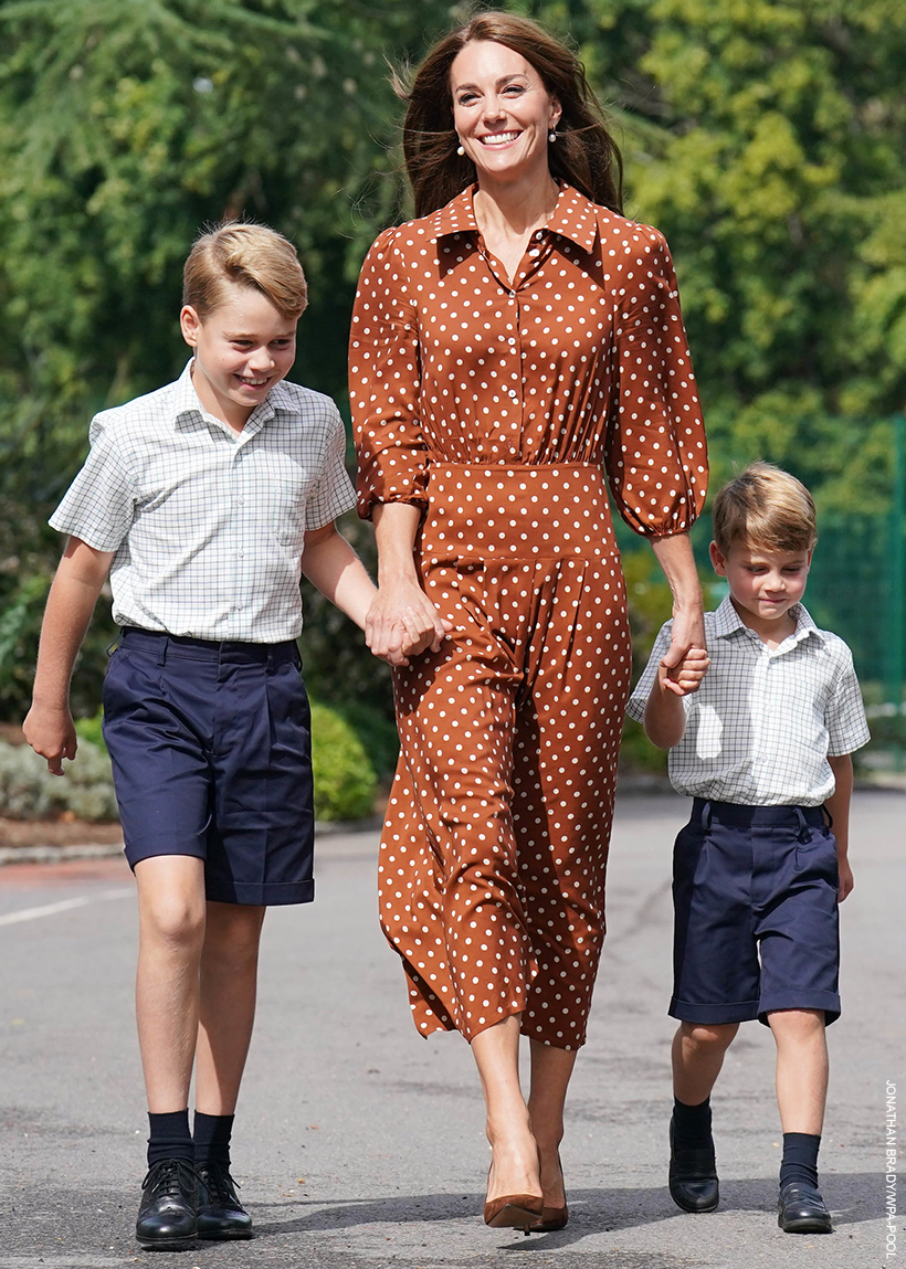 The Duchess of Cambridge dropping her two sons off for their 'settling in session' at school.  The Duchess is wearing a brown polka dot dress by Rixo.