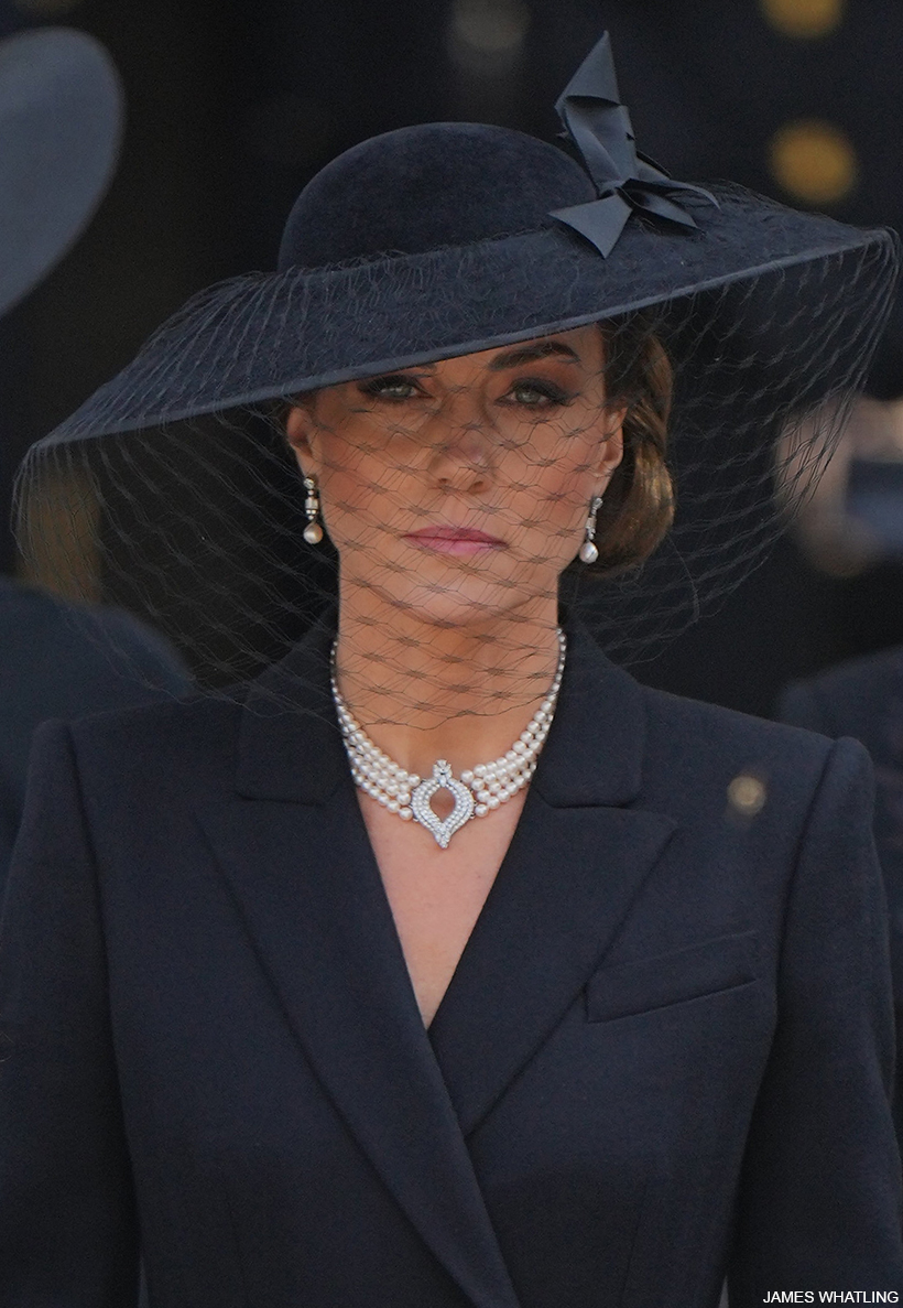 The Princess of Wales at the late Queen Elizabeth II's funeral, wearing jewellery previously worn by the monarch.