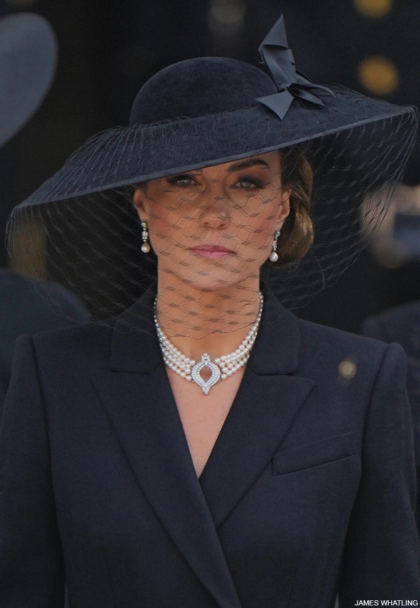 Kate Middleton at Queen's Funeral, Pearls, Veil & Black Coat Dress