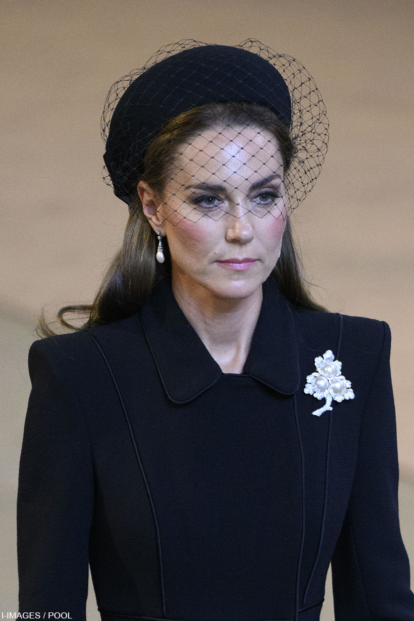Kate Middleton wears pearls and black veil to Queen’s procession service