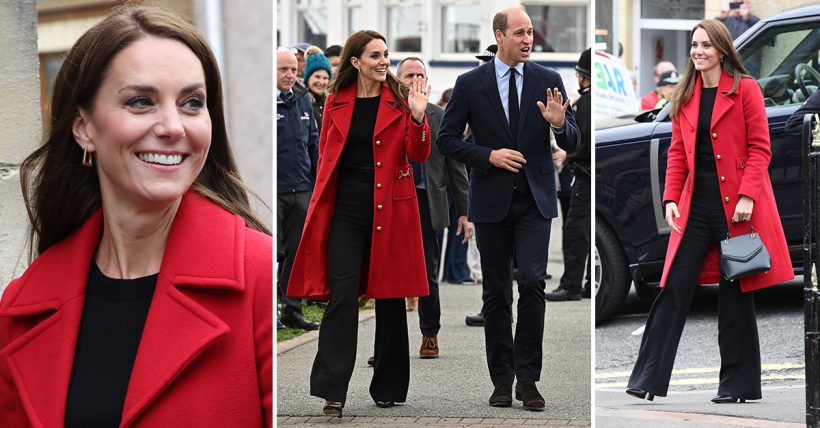 In September, William and Kate visited Wales. Kate wore a red coat. 