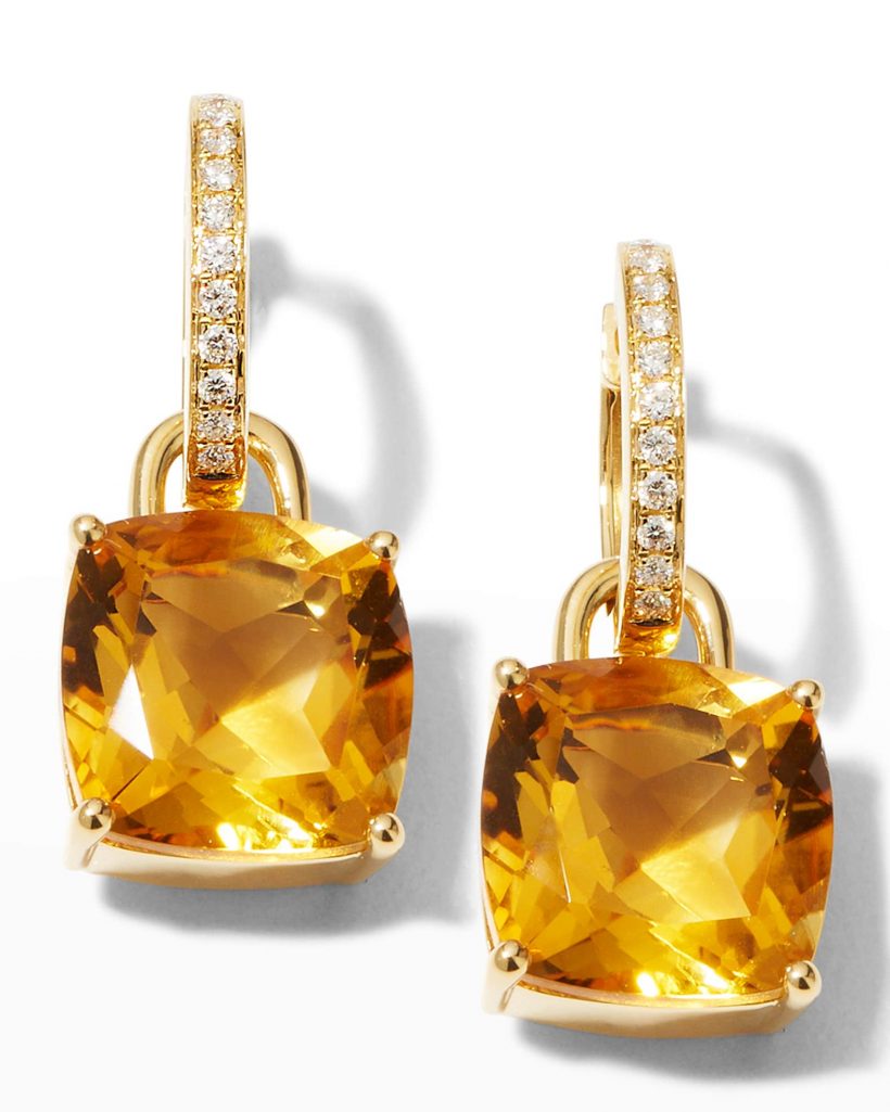 Product catalogue shot of the square-shaped citrine earrings on diamond hoops