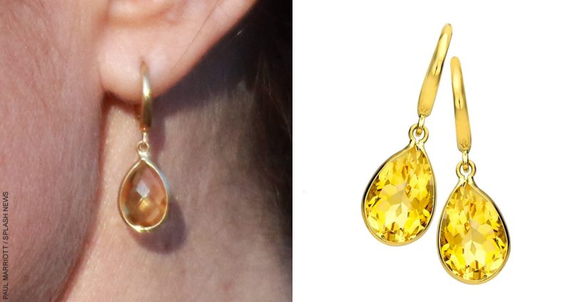 A closeup image of Kate Middleton wearing the Citrine earrings compared to a stock image of the earrings from Kiki McDonough's website