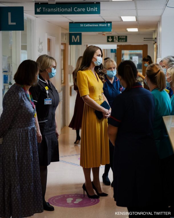 Kate Middleton visits hospital wearing yellow Karen Millen dress