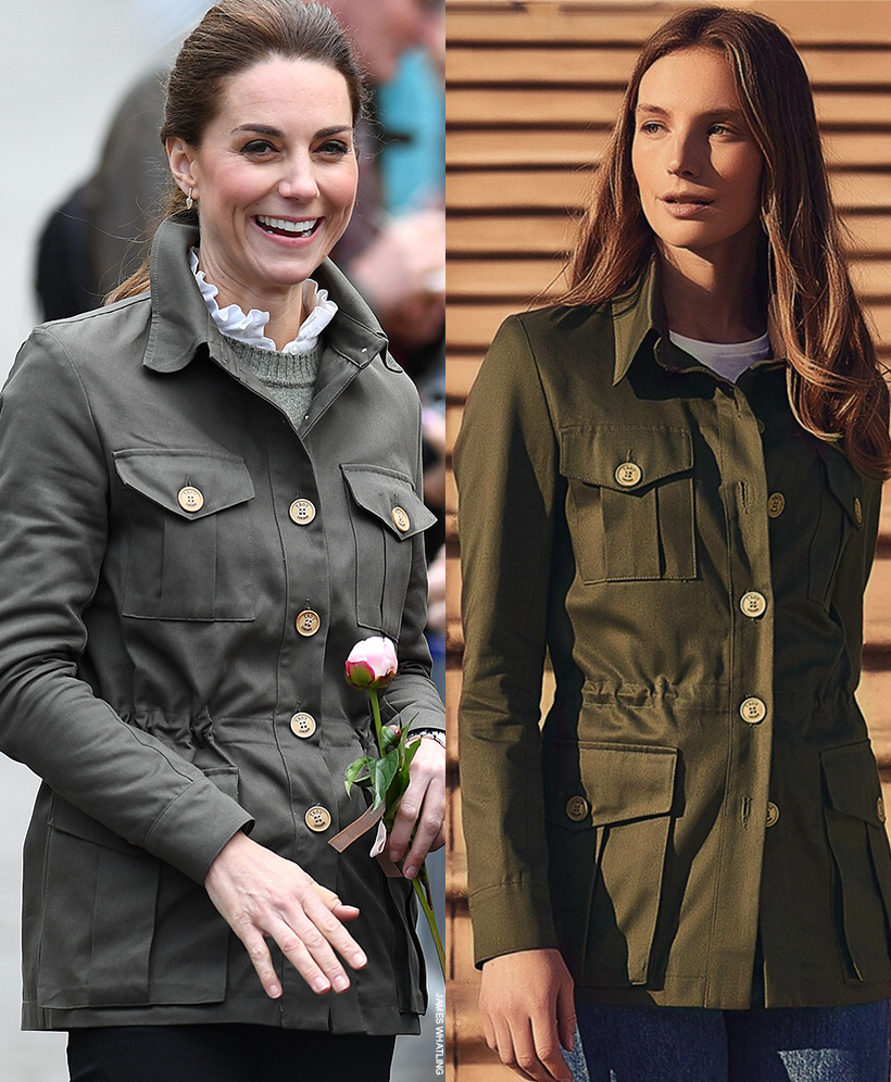 Kate Middleton in the Troy London utility coat next to the model wearing the same garment from the company's website. 
