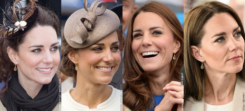 Kate Middleton—now the Princess of Wales—wearing Kiki McDonough's Citrine Pear Drop Earrings on four different occasions.  