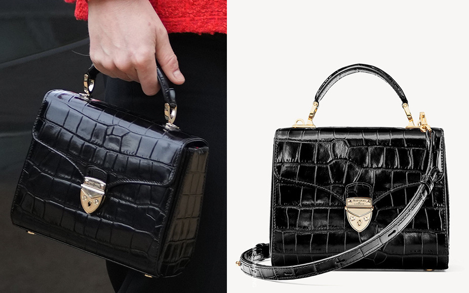 A side-by-side comparison of Kate holding a black croc print bag and the stock image form Aspinal of London