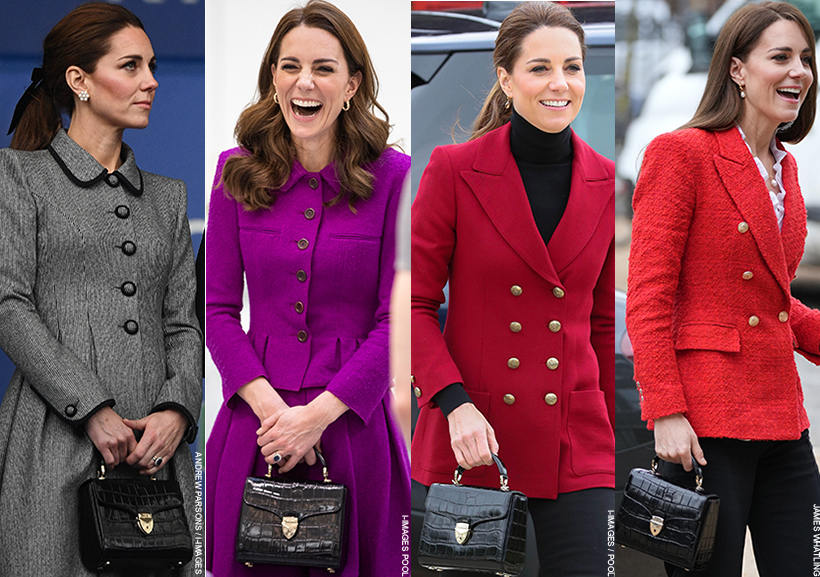 Four images of Princess Kate carrying  the black croc handbag