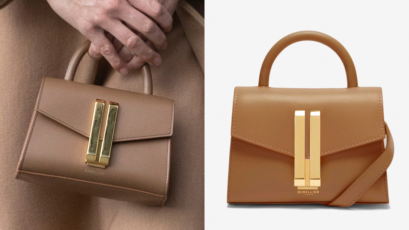 Side-by-side comparison of the DeMellier Montreal Nano bag in toffee carried by Kate and a stock image.