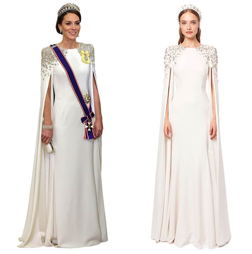 Kate Middleton at the state banquet, left. The Jenny Packham Elspeth dress, right.