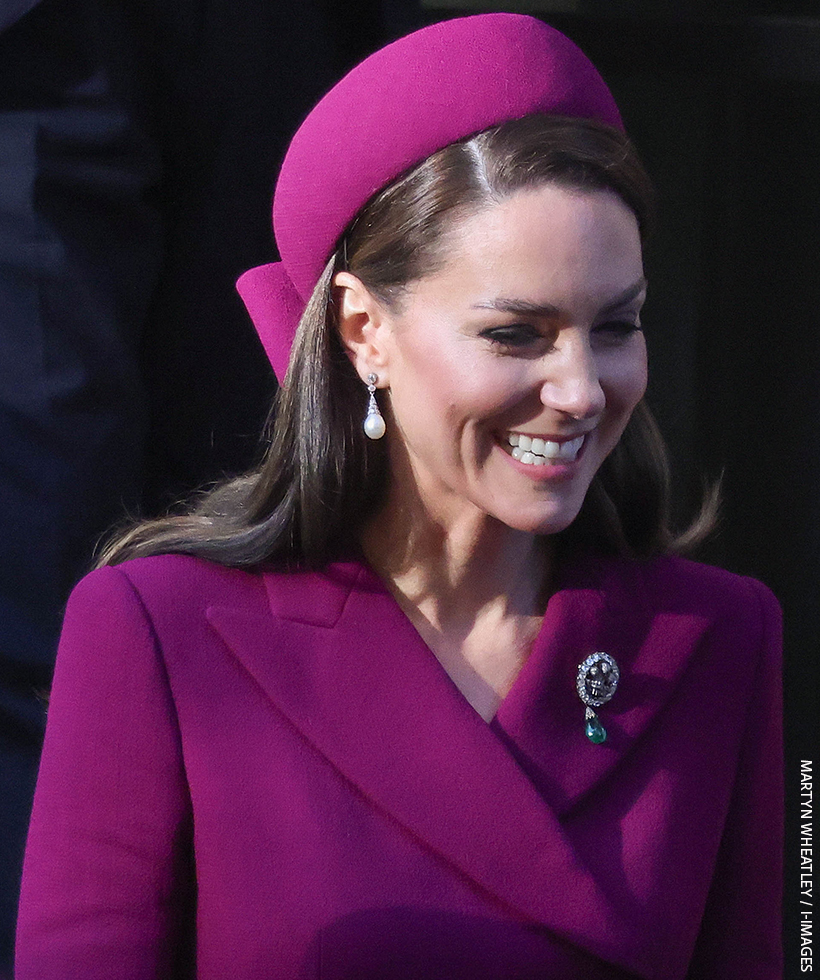 Kate Middleton finished off this regal look with the Princess of Wales brooch and a pair of pearl earrings that once belonged to Diana.