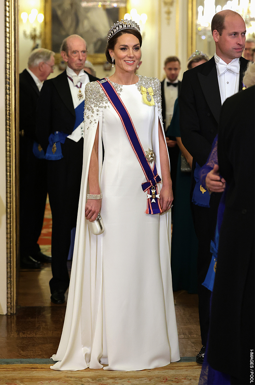 Kate Middleton (The Princess of Wales) attending the State Banquet at Buckingham Palace on Tuesday.