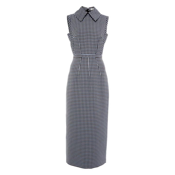 Emilia Wickstead Miles Houndstooth Midi Dress with Long Sleeves