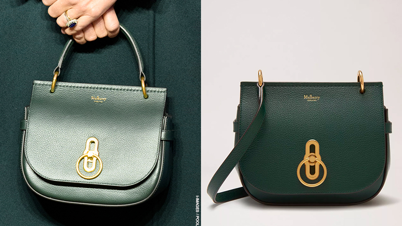 A side-by-side composite of two bags together, for comparison.  On the left is Kate Middleton holding the Mulberry Amberley Satchel with a top handle in green.  On the right is the stock image of the same satchel from Mulberry's website with a the arm strap not top handle.