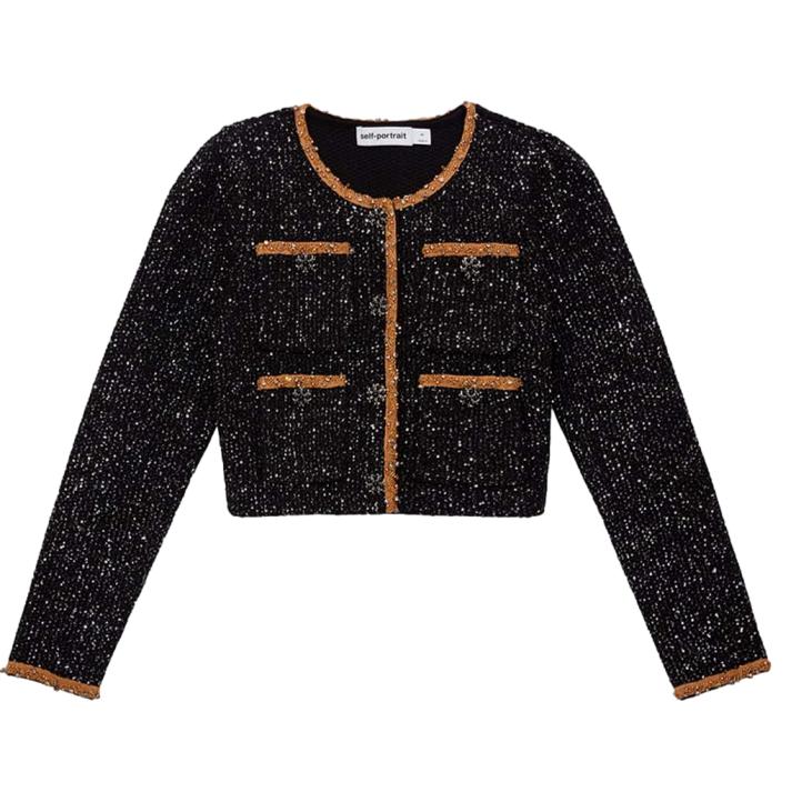 Self-Portrait Black Sequin Knit Crop Cardigan