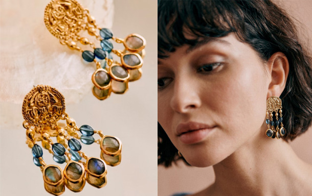Kate Middleton Sezane Dina Earrings In Gold Plated With Ocean Blue Stones 