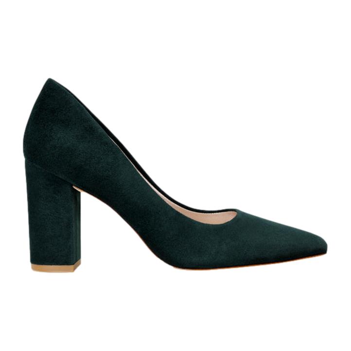 Emmy London Josie Block Heel Pointed Court Shoe in Greenery Suede