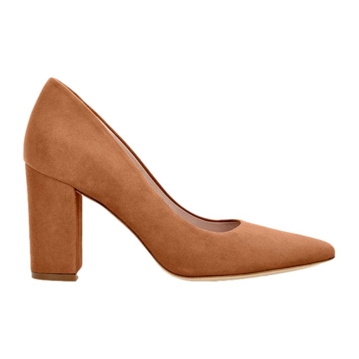 Emmy London Josie Block Heel Pointed Court Shoe in Saddle Brown Suede