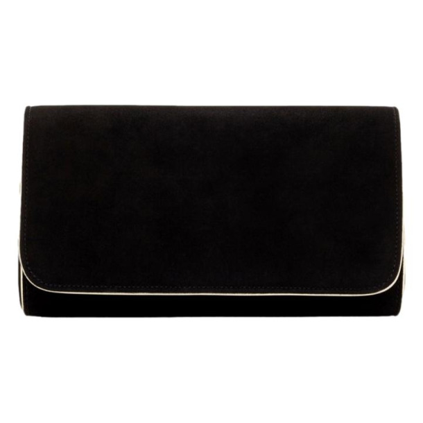 Emmy London Natasha Clutch in Jet Black Suede With Gold Piping