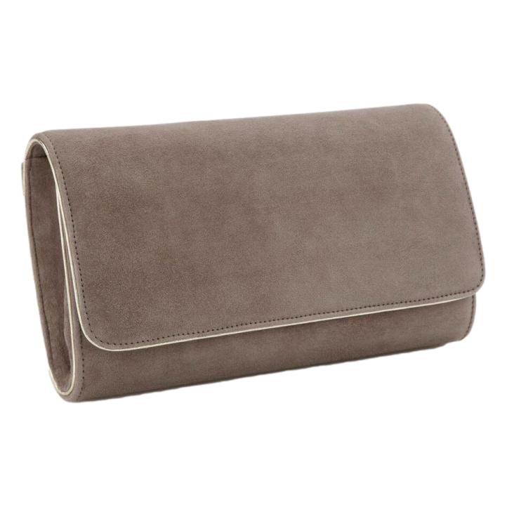 Emmy London Natasha Clutch in Cinder Grey Suede With Gold Piping