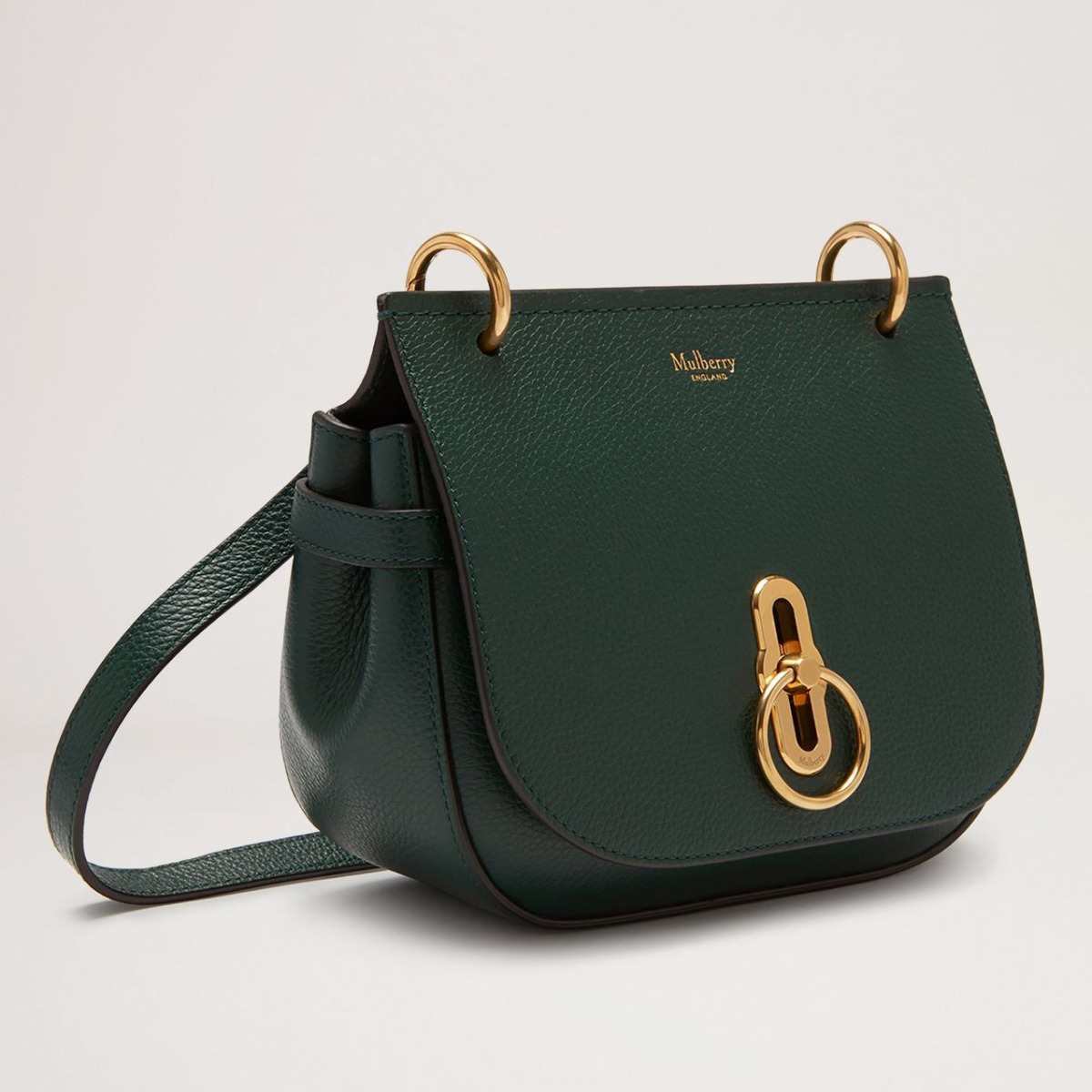 The Mulberry Amberley Satchel in size small, in green leather, with a crossbody/shoulder strap. 