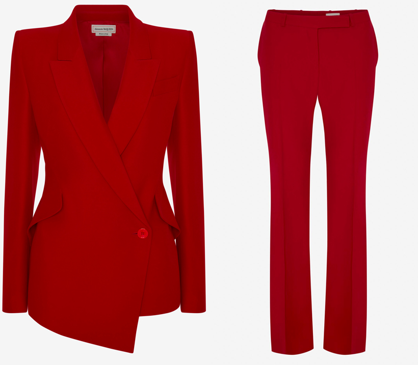 Product shots of the Red Alexander McQueen suit jacket and trousers. 