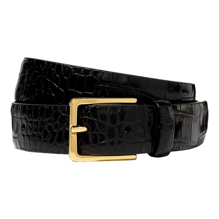 Stock photo of the black croc print belt with gold buckle.