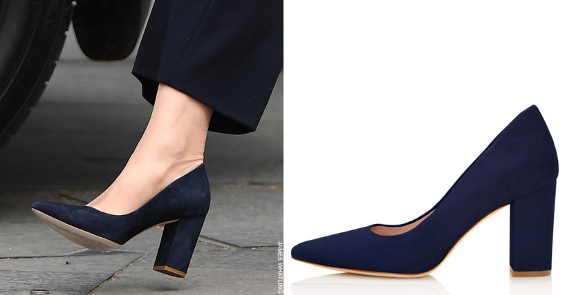 Side-by-side composite image showing the Emmy shoe on Kate's feet vs the stock image on Emmy's site.