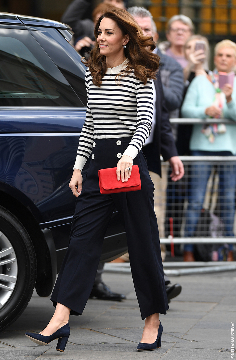 Kate Middleton in a nautical outfit finished with the Emmy London Josie block heel pumps in navy suede
