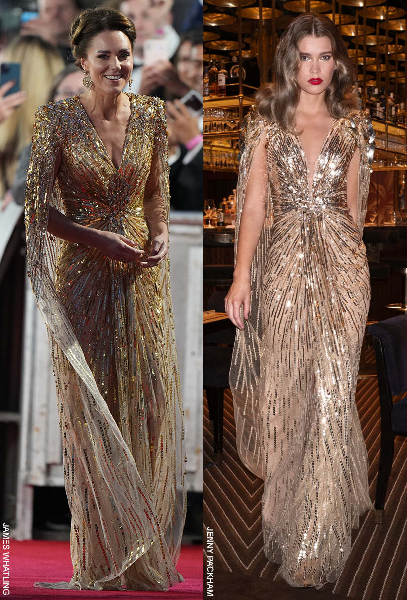Kate Middleton wearing a gold Jenny Packham dress with sweeping cape, and embellished shoulders, next to a model wearing the same garment. 