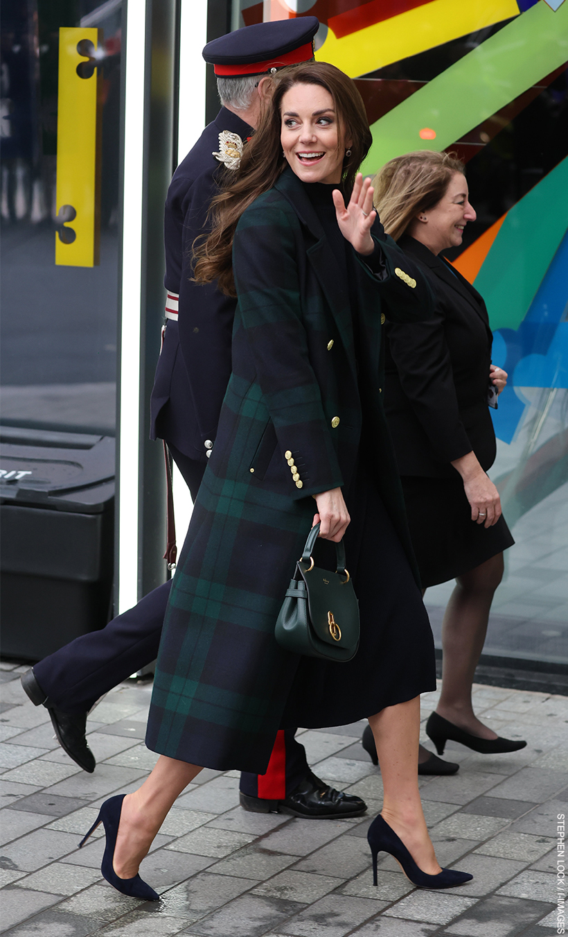 Kate Middleton's Outfit in Liverpool, Merseyside today - tartan coat & blue  knit seperates