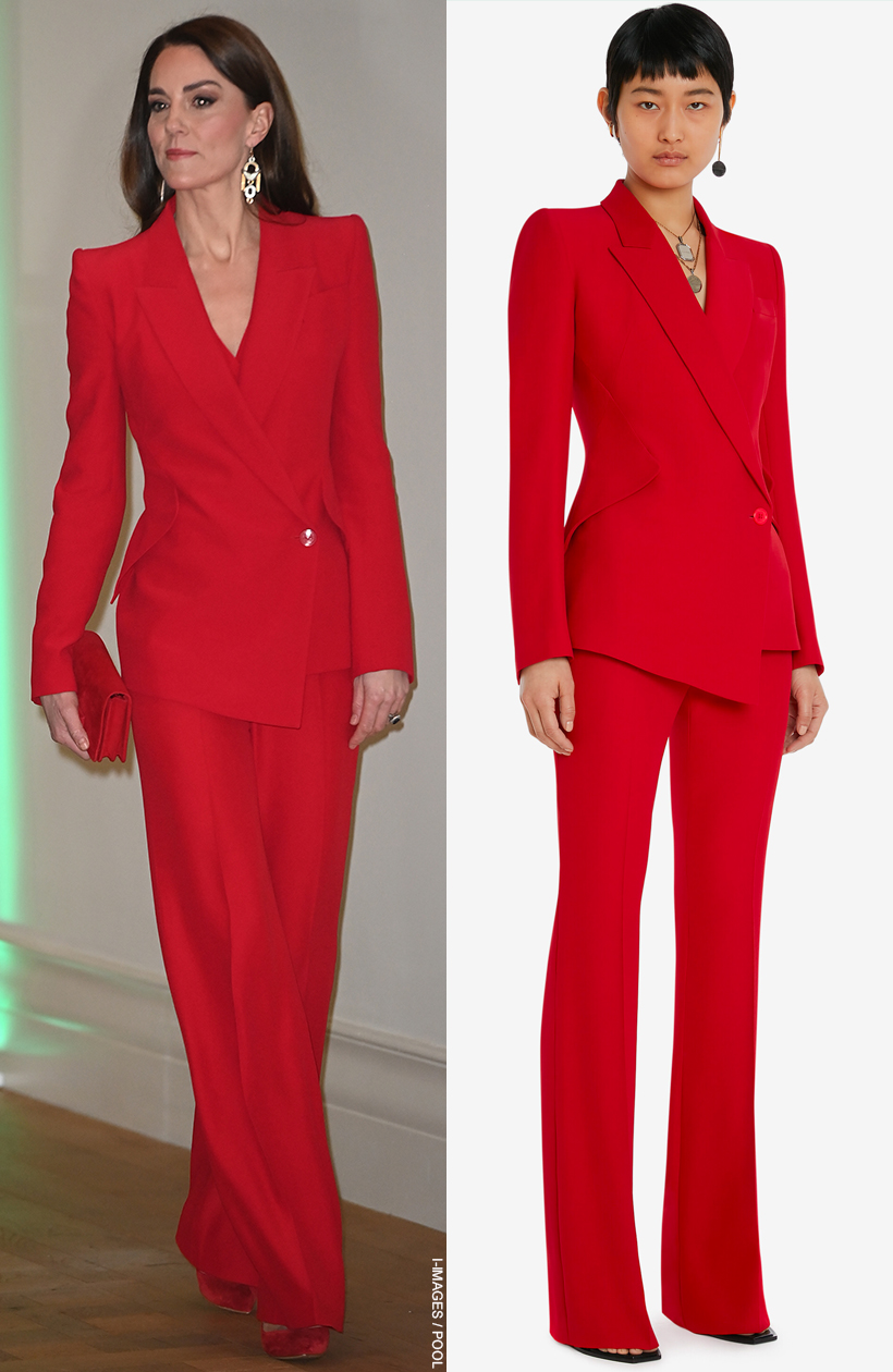 Kate Middleton wearing her bold red Alexander McQueen suit, alongside a model from Alexander McQueen's website wearing the same look. The suit jacket has a long asymmetric drop hem.  The trousers are long and flowing with a pleat down the front. 
