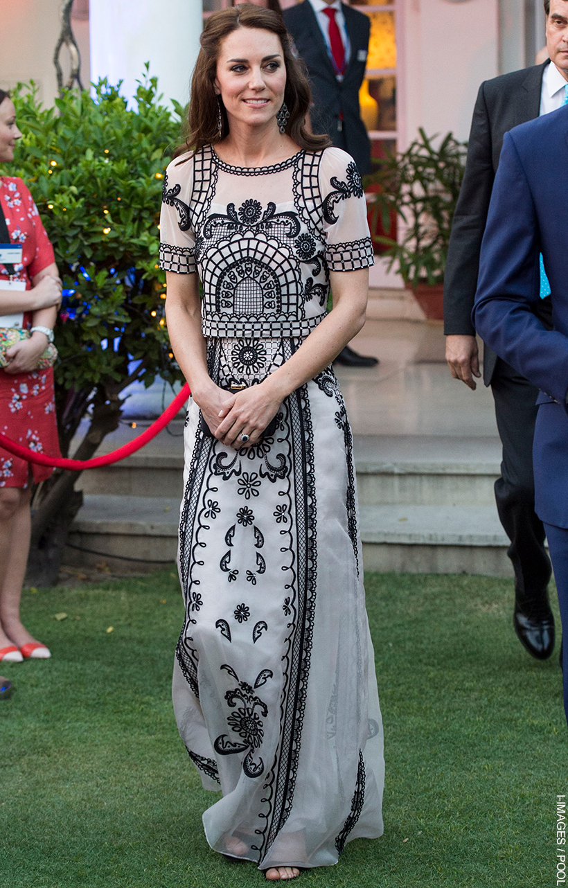 Kate Middleton wears a semi-sheer embroidered maxi skirt with matching top