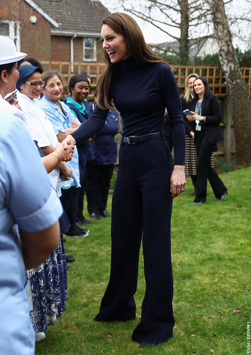 Kate Middleton wearing a blue outfit at the nursing home today