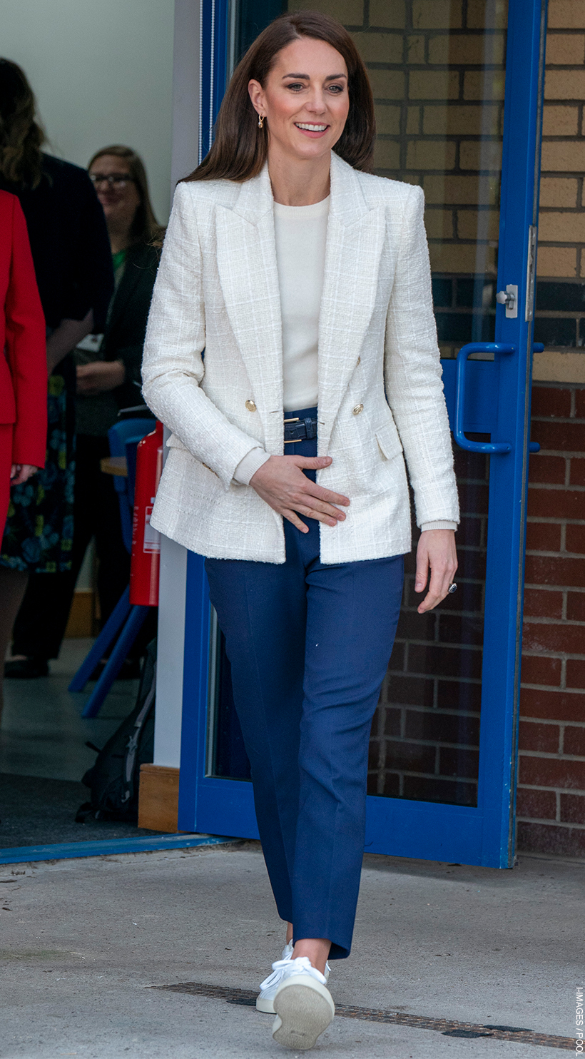 Kate Middleton in casual blazer and sneakers joint visit to Derby school with world record holder Captain Preet Chandi