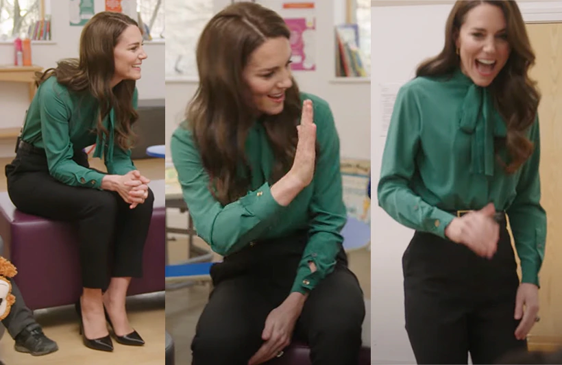 Kate Middleton wears bold green pussybow blouse in new 'Shaping Us