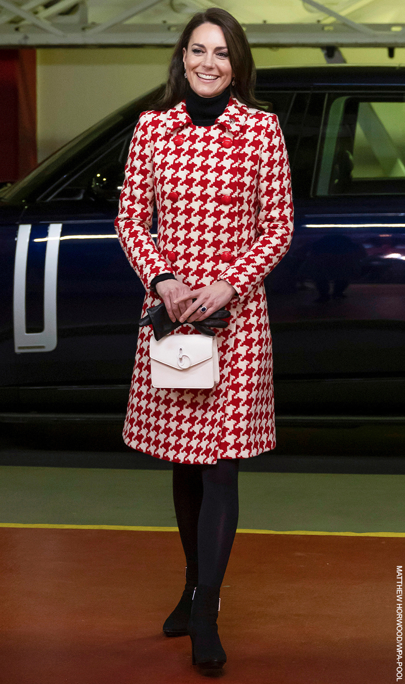 Kate Middleton wears “diplomatic” red & white houndstooth coat at Wales vs England Rugby game