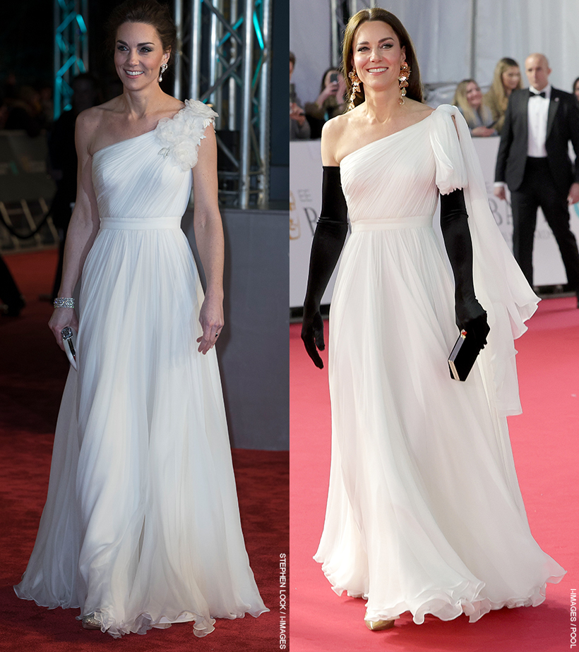 Same dress, two different looks!  Kate Middleton wearing a white one-shoulder Grecian gown to the 2019 BAFTA awards on the left. Kate Middleton wearing the same gown with different accessories at the 2023 BAFTA Awards on the right.