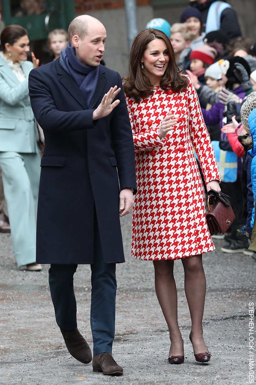 Kate Middleton wearing the red and white houndstooth coat in Stockholm, Sweden during a visit to the country in 2018