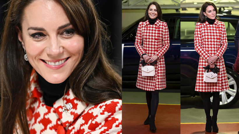 Kate wore a red and white houndstooth coat for a visit to Cardiff recently 