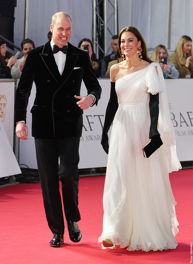 The Prince and Princess of Wales on the BAFTA red carpet.  The Princess wore an upcycled gown to BAFTAs with high street store earrings.  