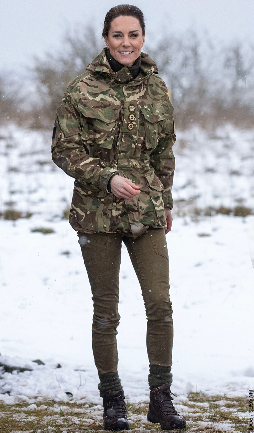 Kate Middleton in army camo during a training exercise with the Irish Guards