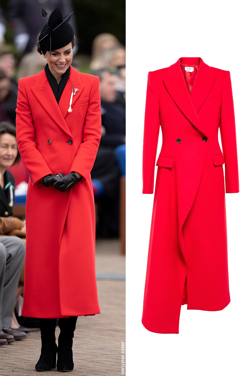 Kate Middleton in the red coat, also show is a similar style by Alexander Mcqueen