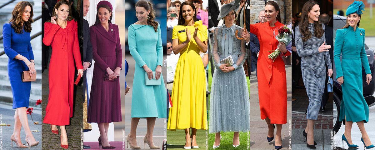 A colourful collage of Kate Middleton wearing Gianvito Rossi’s signature 105 heels.  We figure she loves the shoes she owns them in nine different colours.  The designer is clearly a favourite of the Princess.  She has worn 17 pairs of his heels to date, plus three pairs of heeled boots. 
