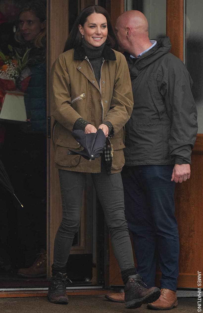 Kate Middleton wearing her Barbour x Alexa Chung jacket with skinny jeans and boots during a visit to Wales